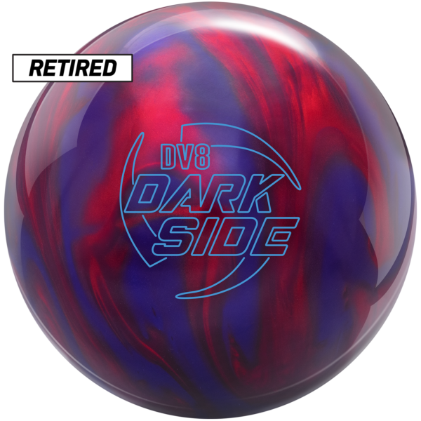 Bowling ball with a red and purple color scheme and the Dark Side logo in blue.