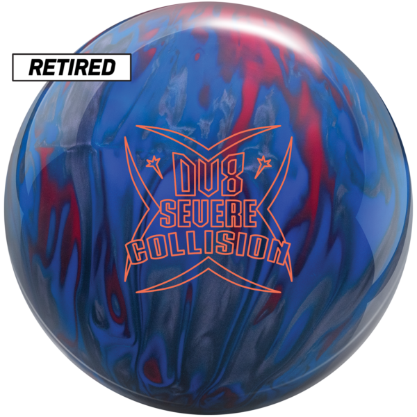 The retired Severe Collision bowling ball with smoke grey, red, and blue colors along with the Severe Collision logo in orange centered prominently.