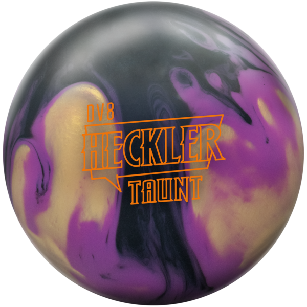 A black, lavender, and gold colored bowling ball with the Heckler Taunt logo in orange centered prominently.