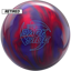 Bowling ball with a red and purple color scheme and the Dark Side logo in blue.