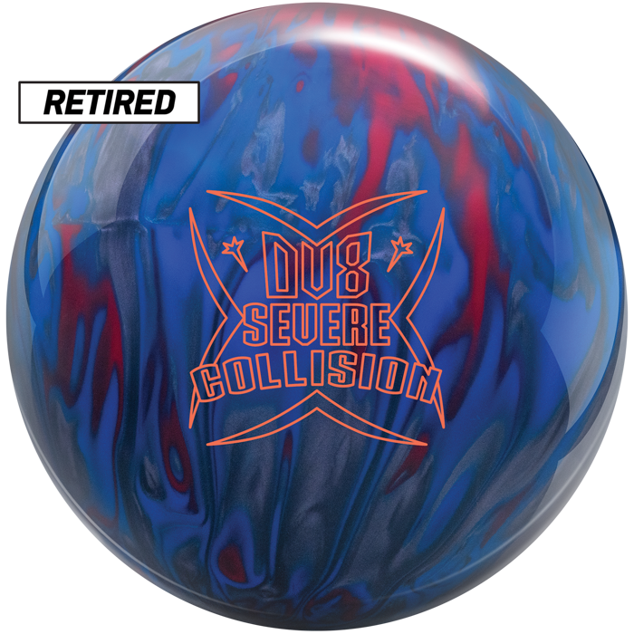 The retired Severe Collision bowling ball with smoke grey, red, and blue colors along with the Severe Collision logo in orange centered prominently.