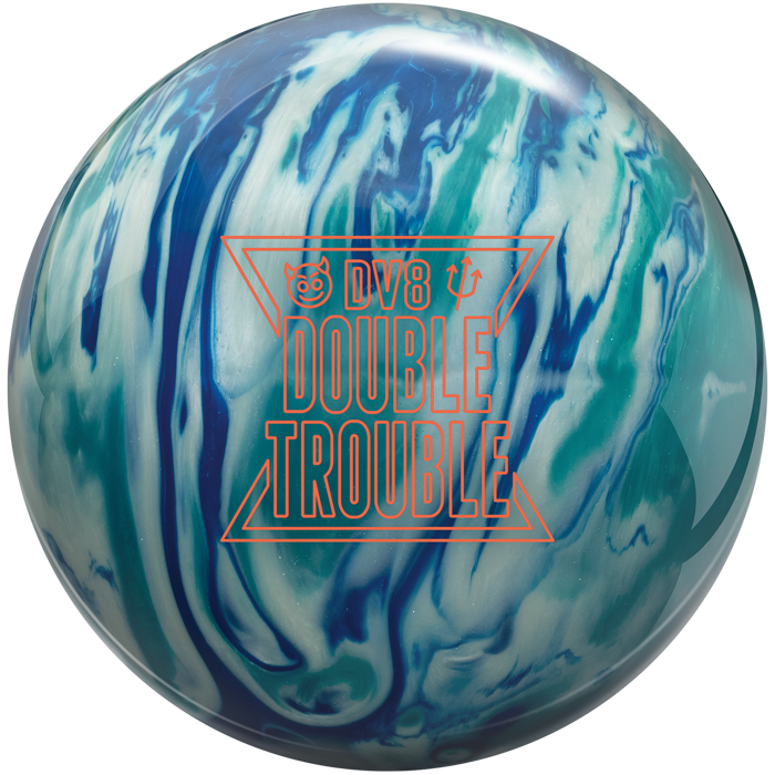 A blue, white, and teal colored bowling ball with the Double Trouble logo in orange centered prominently.