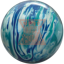 A blue, white, and teal colored bowling ball with the Double Trouble logo in orange centered prominently.