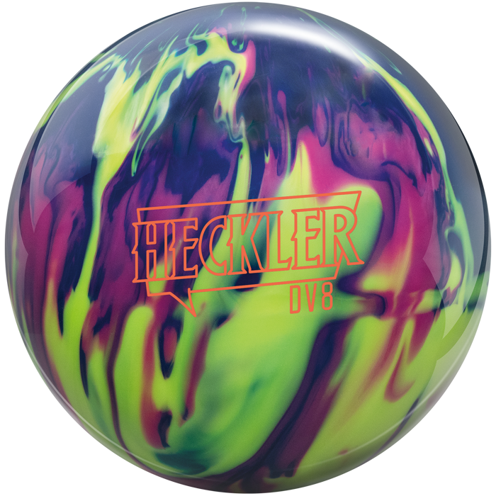 A blue, violet, and yellow colored bowling ball with the Heckler Hybrid logo in orange centered prominently.