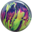 A blue, violet, and yellow colored bowling ball with the Heckler Hybrid logo in orange centered prominently.
