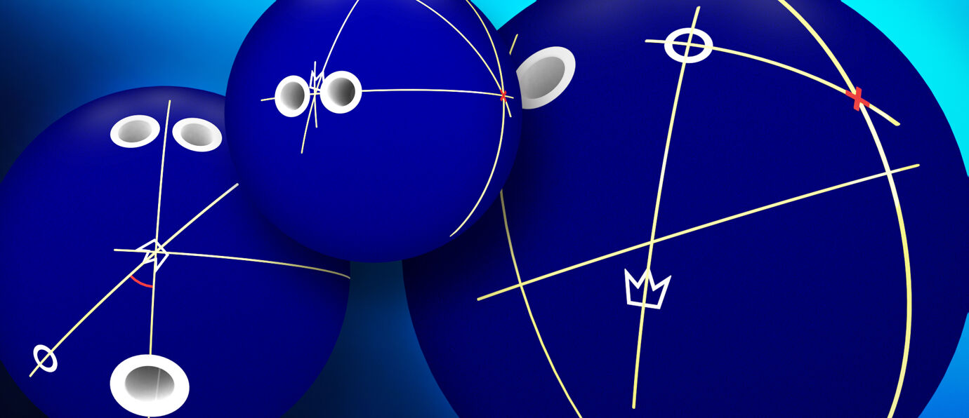 Universal drilling instructions header graphic with a collage of three purple bowling balls with layout lines drawing on their surfaces.